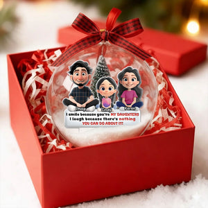 Personalized daughter Christmas ornament with a family illustration and humorous quote