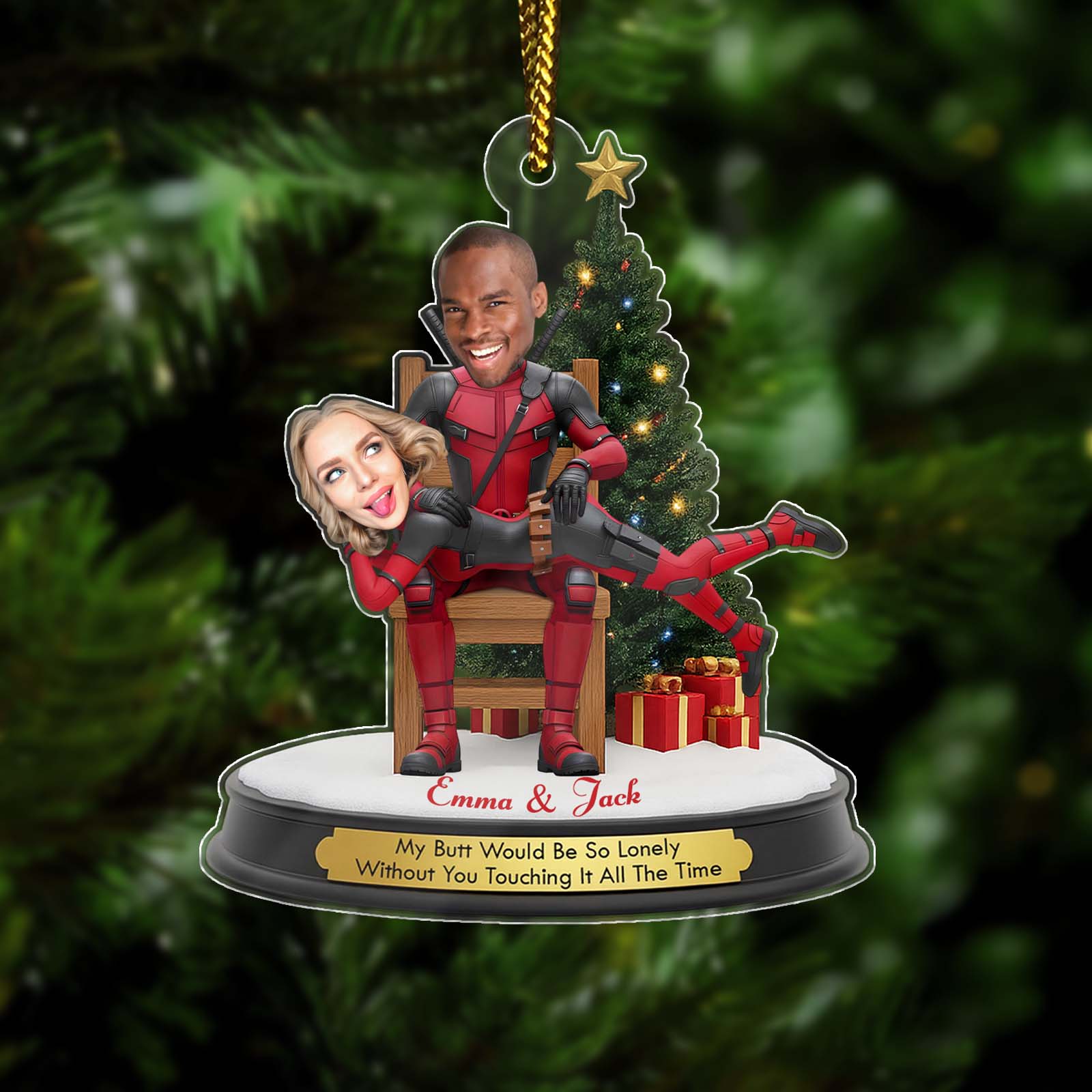 Personalized Deadpool Christmas ornament featuring couple sitting with a festive tree and gifts