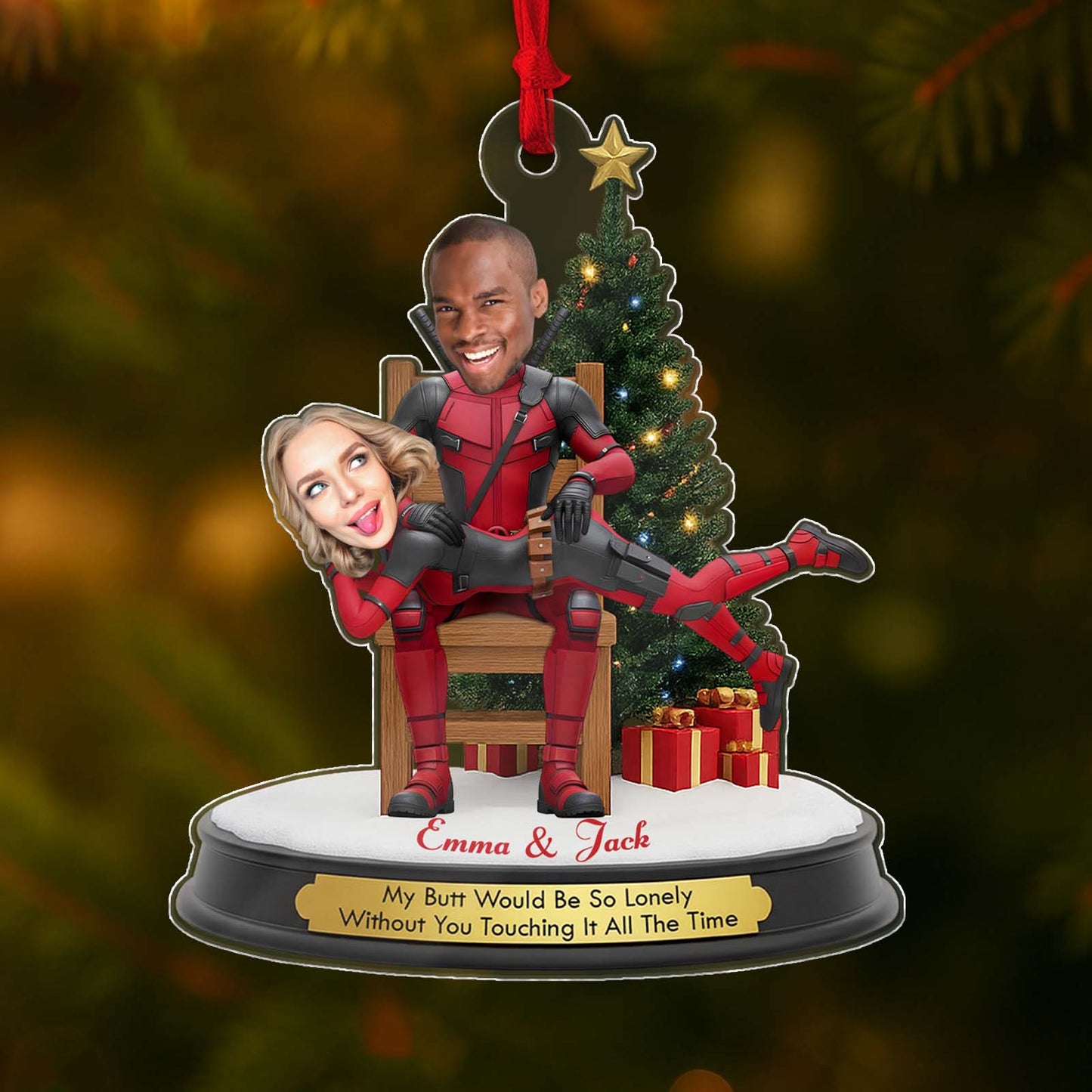Personalized Deadpool Christmas ornament featuring custom couple design with fun text