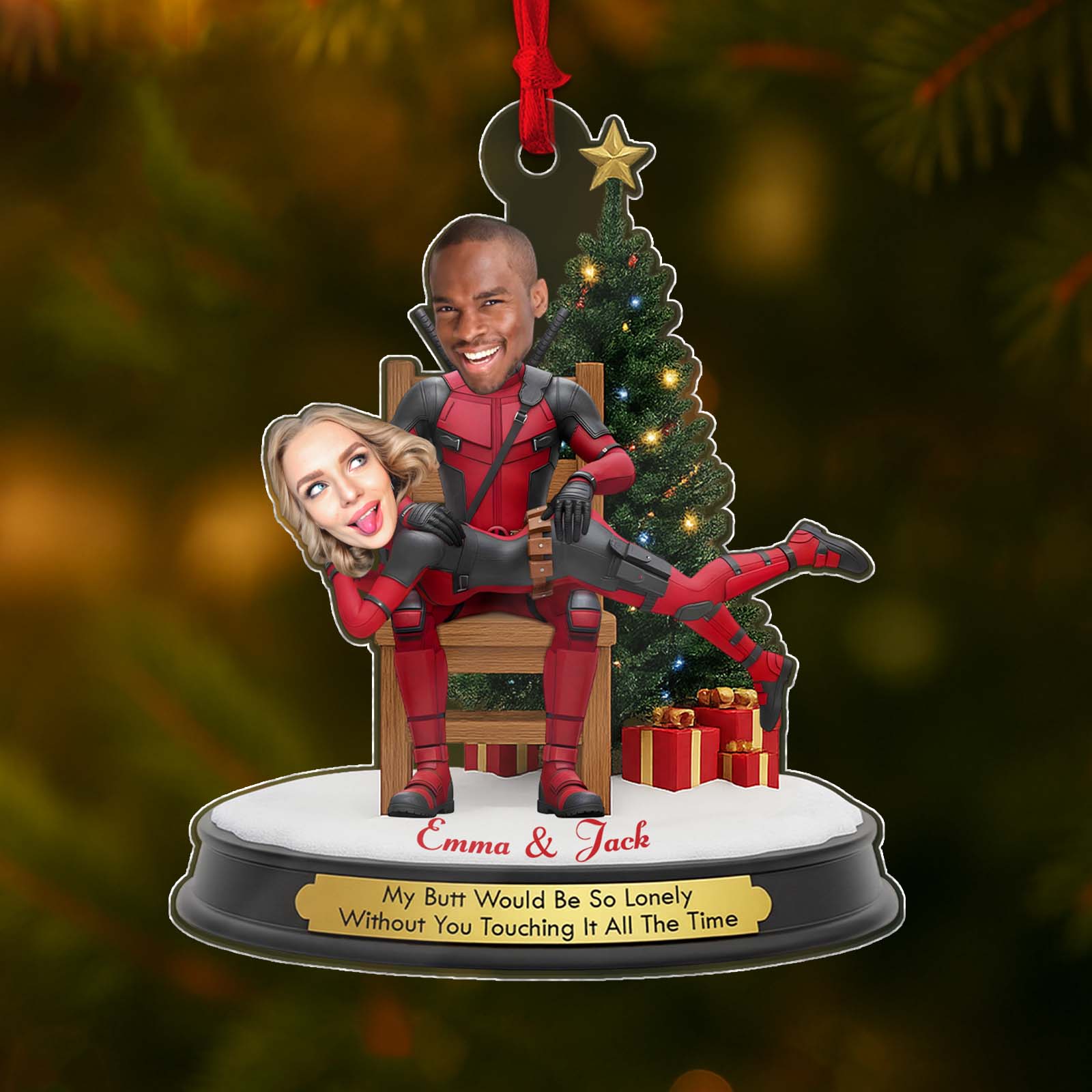 Personalized Deadpool Christmas ornament featuring custom couple design with fun text