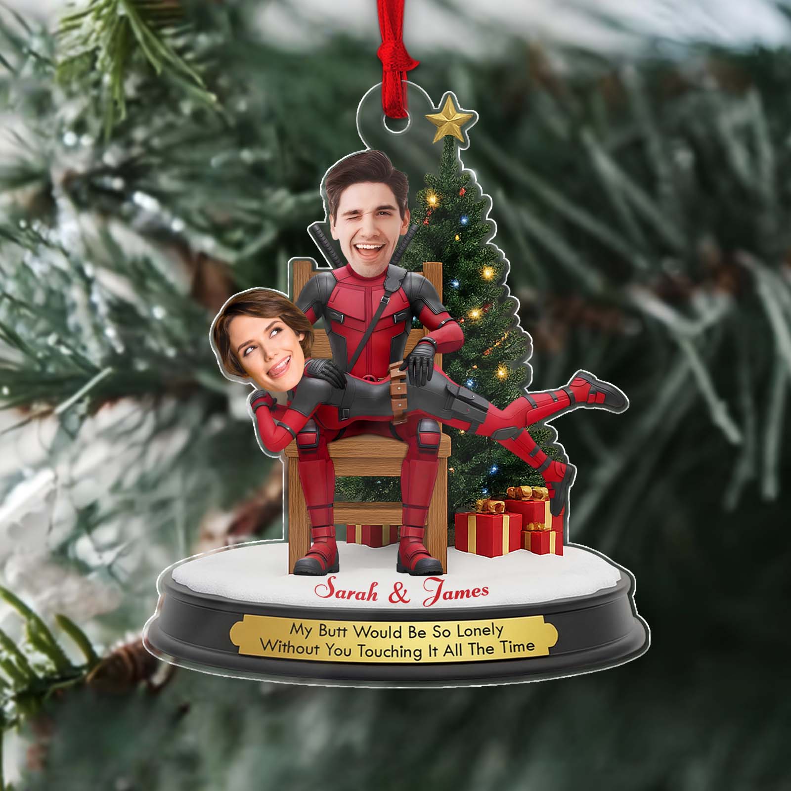 Personalized Deadpool Christmas ornament featuring custom couple faces on a festive tree background