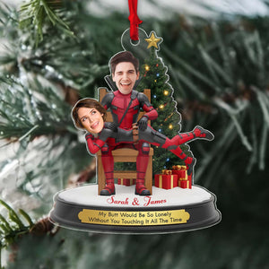 Personalized Deadpool Christmas ornament featuring custom couple faces on a festive tree background