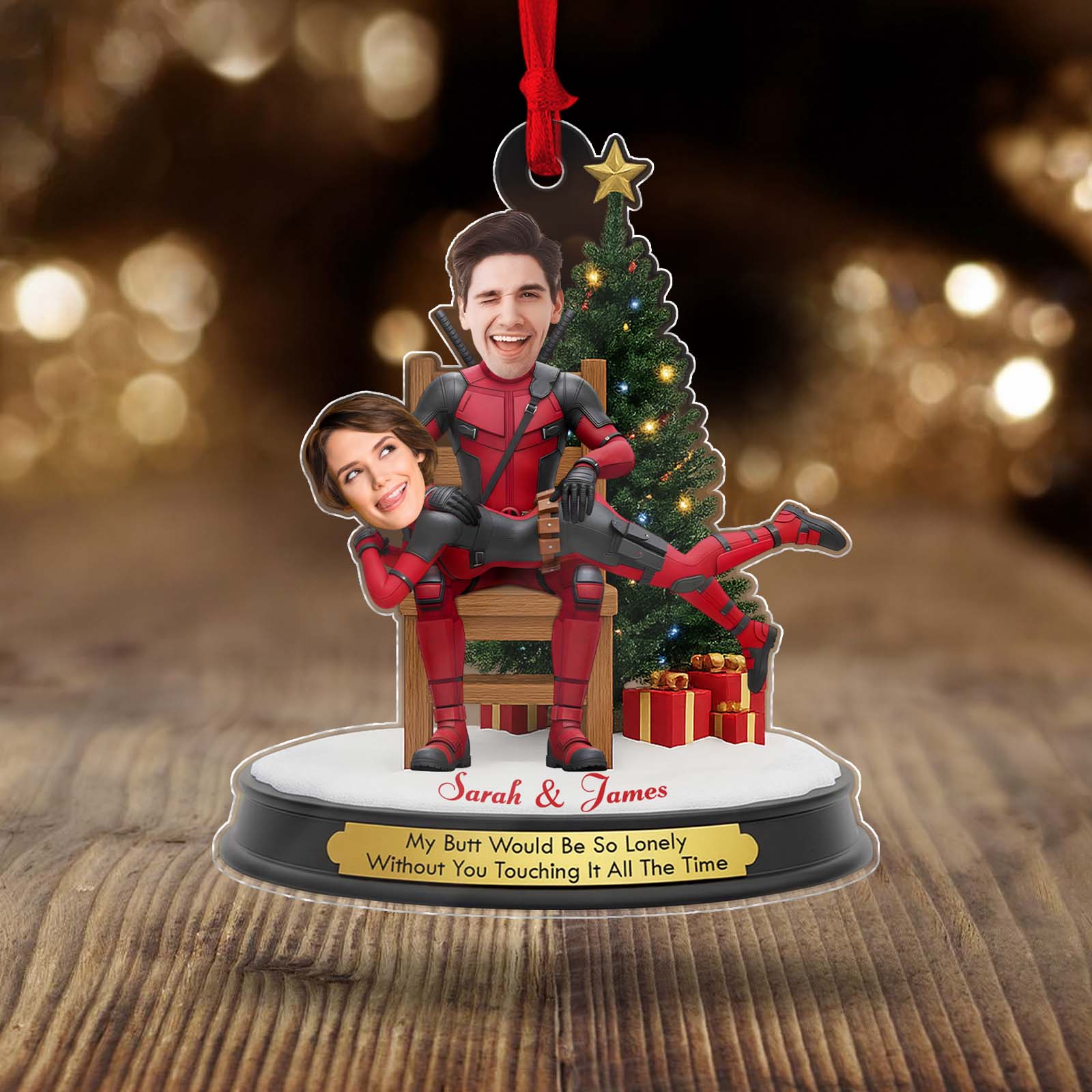 Personalized Deadpool Christmas ornament featuring two custom faces and festive decorations