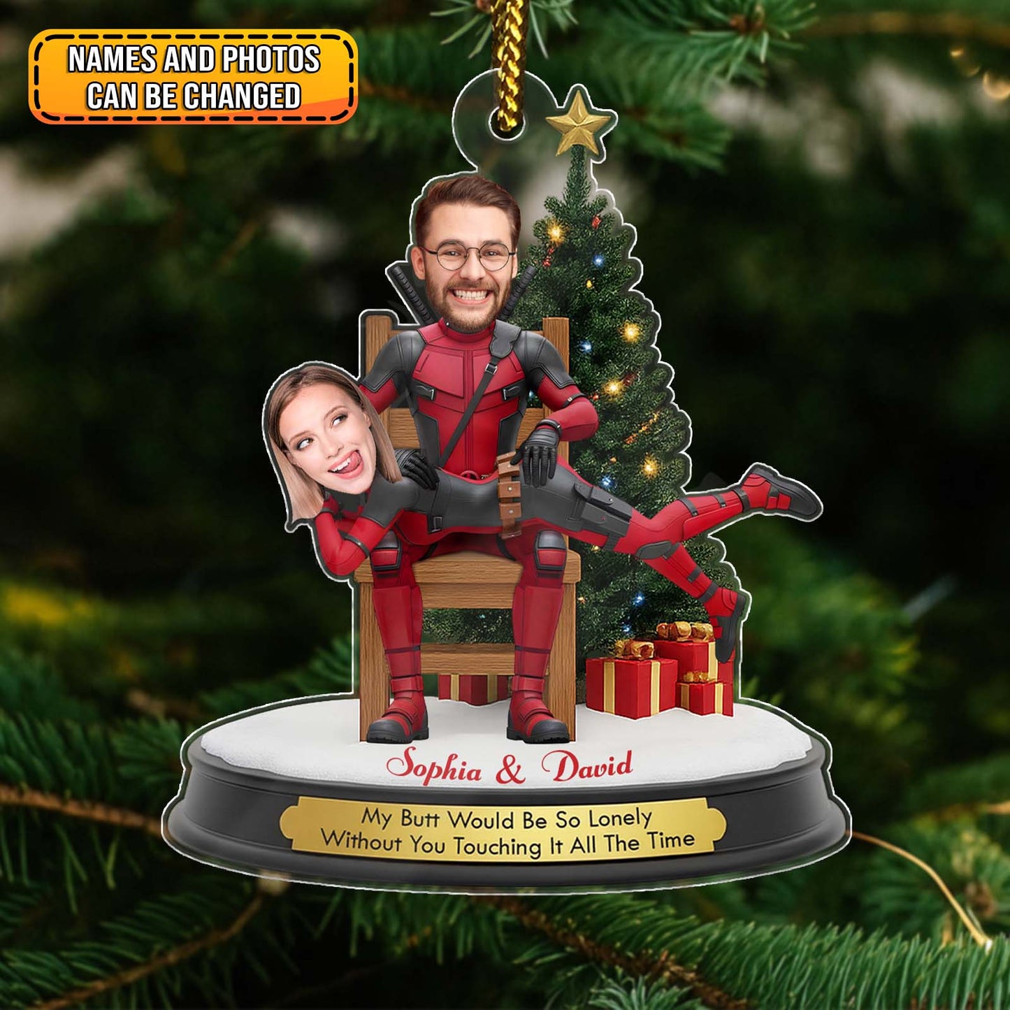 Personalized Deadpool Christmas ornament featuring a couple on a chair with a festive tree in the background