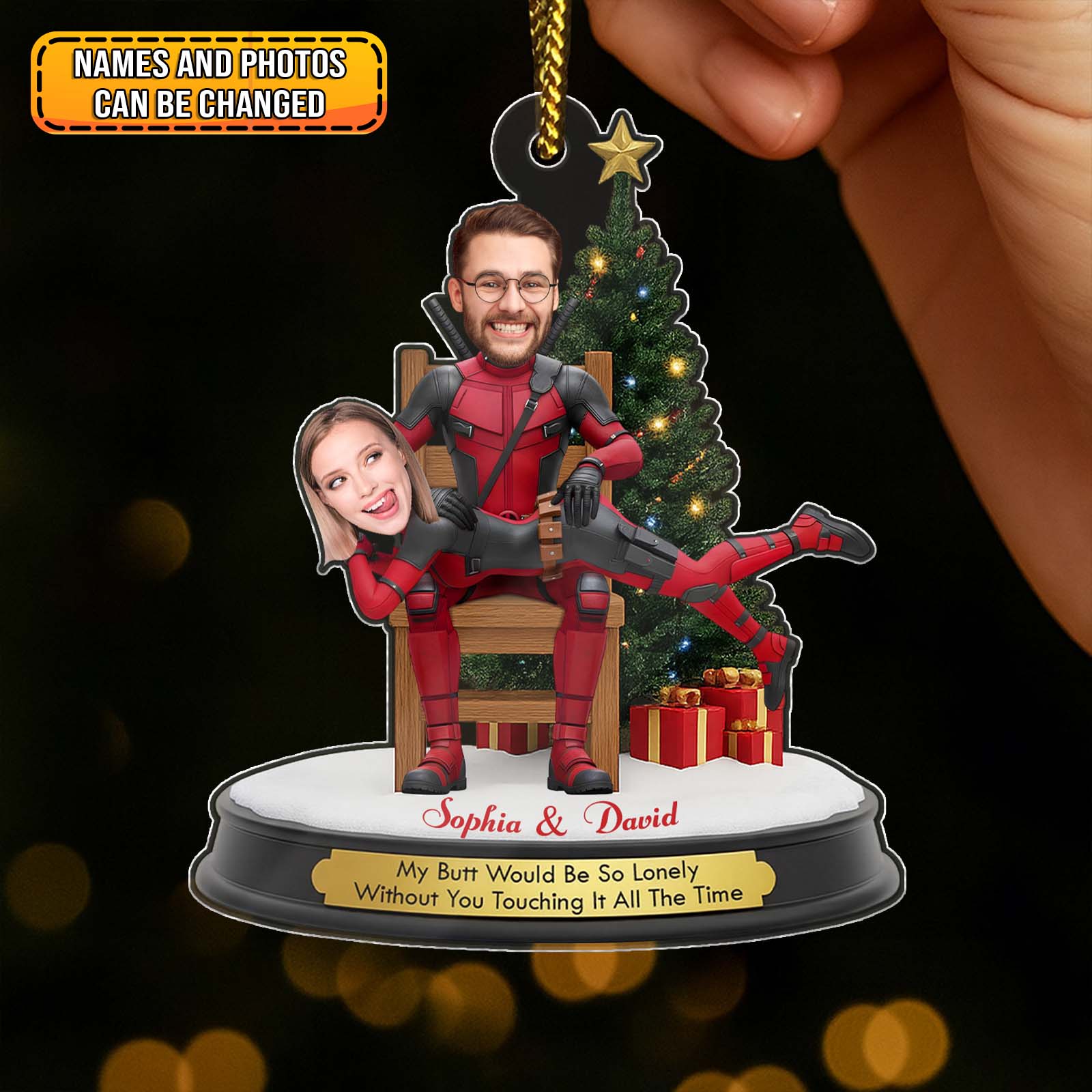 Personalized Deadpool Christmas ornament featuring custom names and festive design for holiday décor