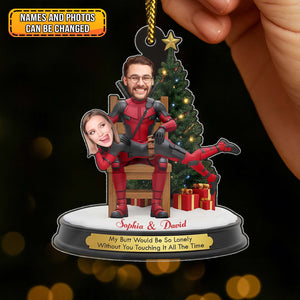 Personalized Deadpool Christmas ornament featuring custom names and festive design for holiday décor