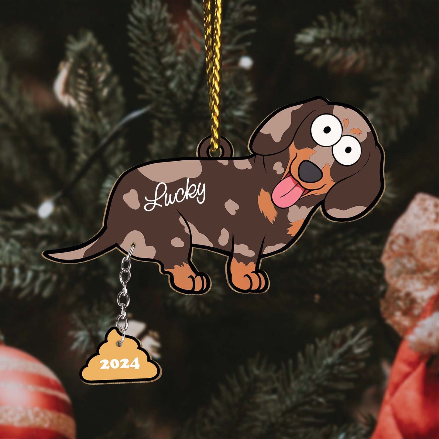 Personalized dog Christmas ornament shaped like a cartoon dachshund with name Lucky and 2024 tag