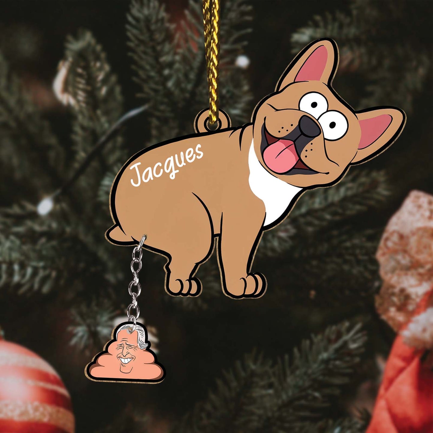 Personalized dog Christmas ornament featuring a cartoon brown dog with the name Jacques on a Christmas tree