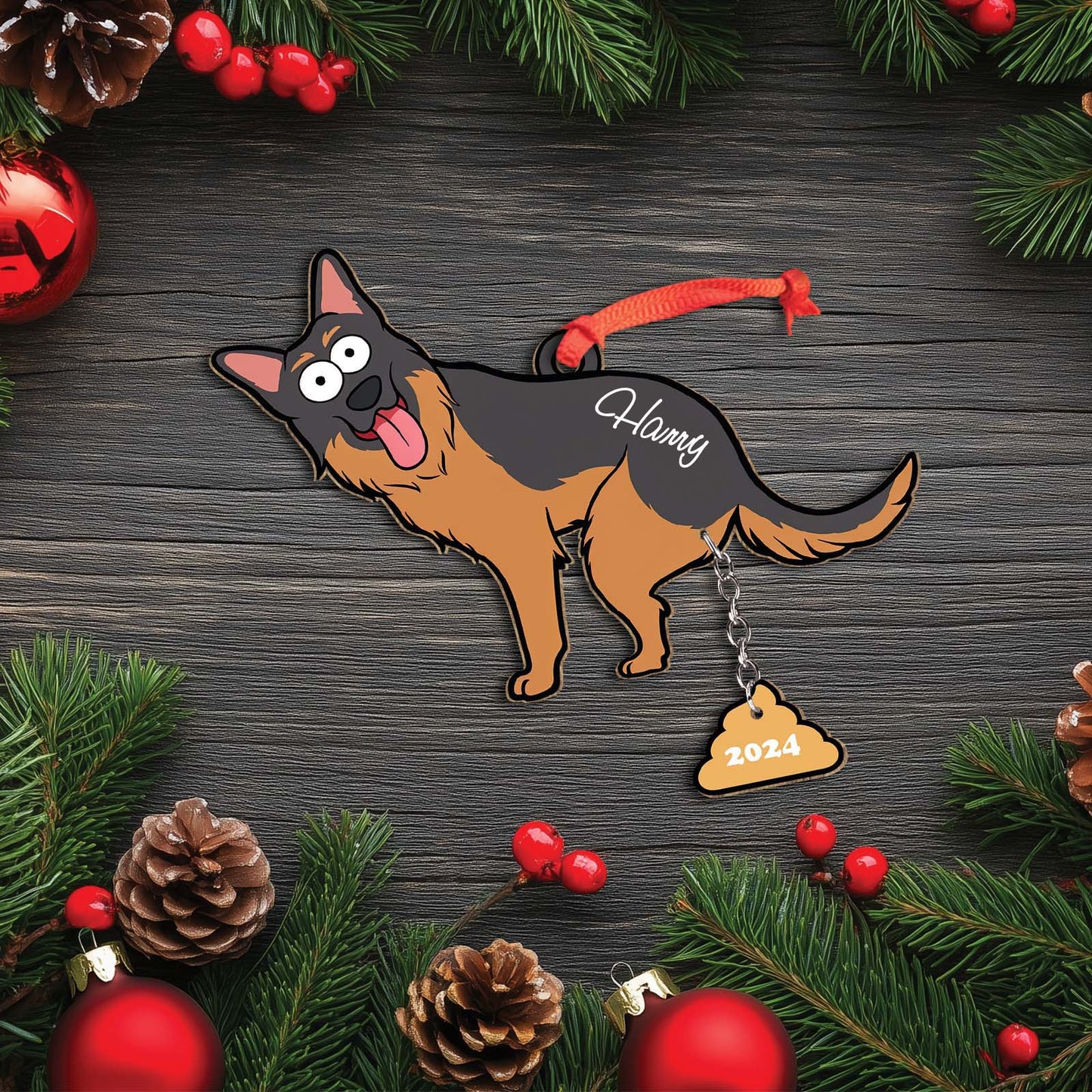 Personalized dog Christmas ornament in German Shepherd design with name and 2024 tag by 365Gifty