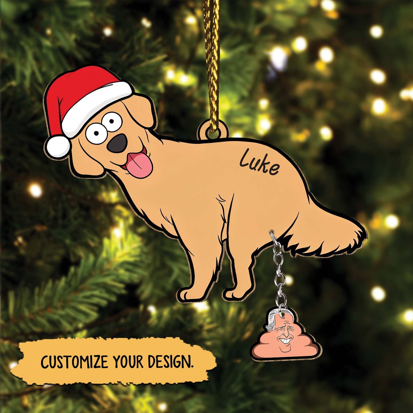 Personalized dog Christmas ornament with cartoon golden retriever wearing Santa hat and customizable name Luke