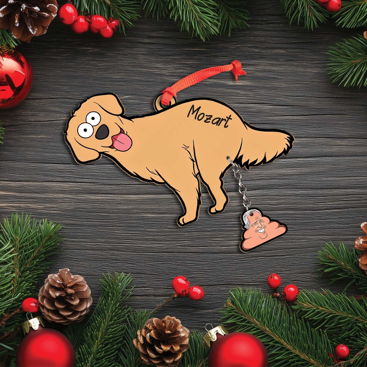 365Gifty personalized dog Christmas ornament featuring a cartoon golden retriever with a red hanging ribbon and a small poop charm