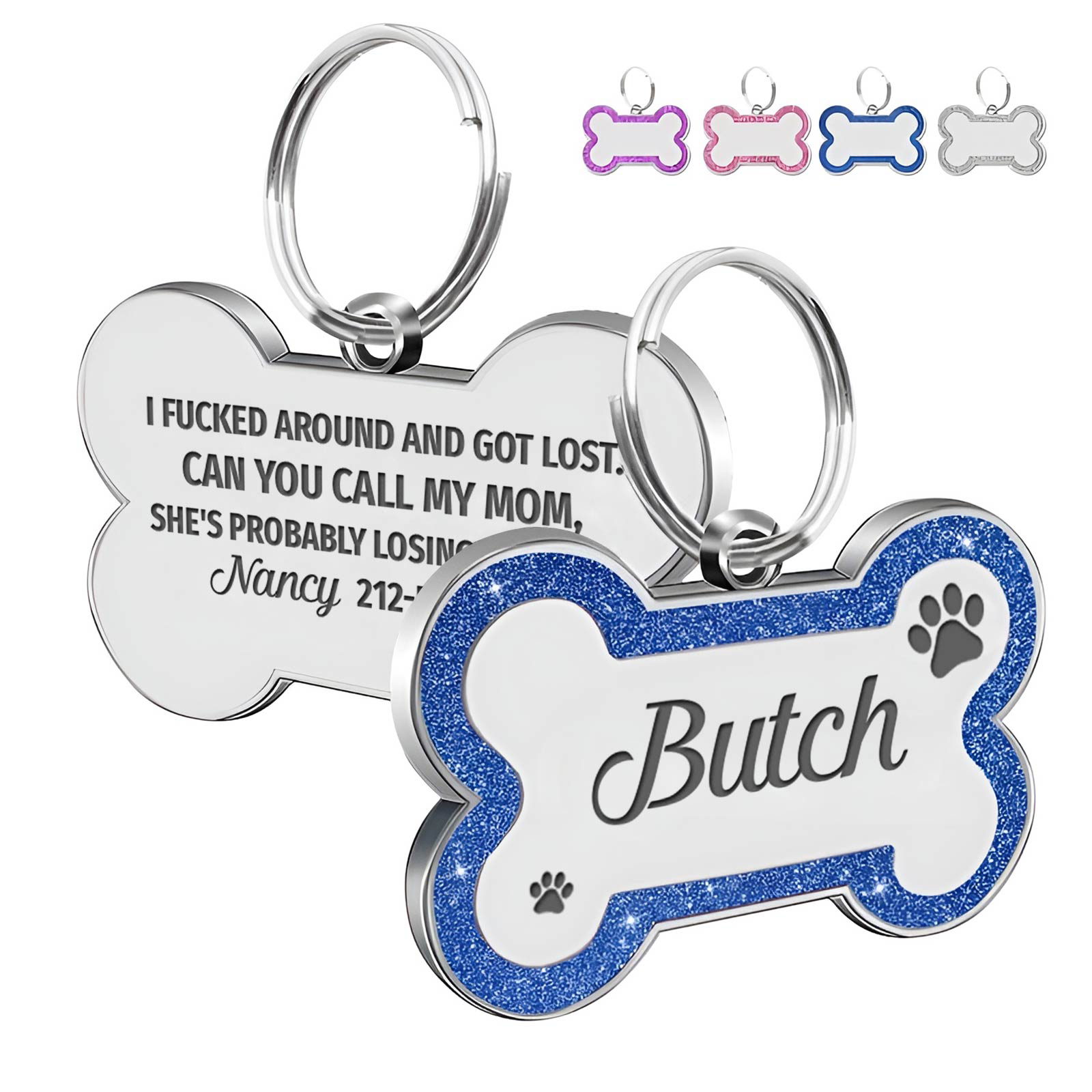 Personalized dog ID tag in blue bone shape with custom engraving option from 365Gifty