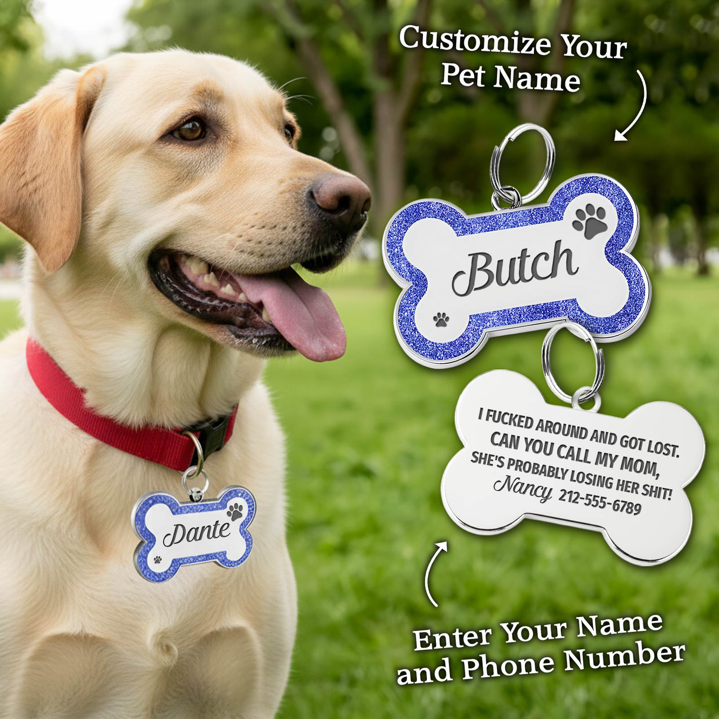 Personalized dog ID tag in bone shape with customizable name and contact information for pet safety