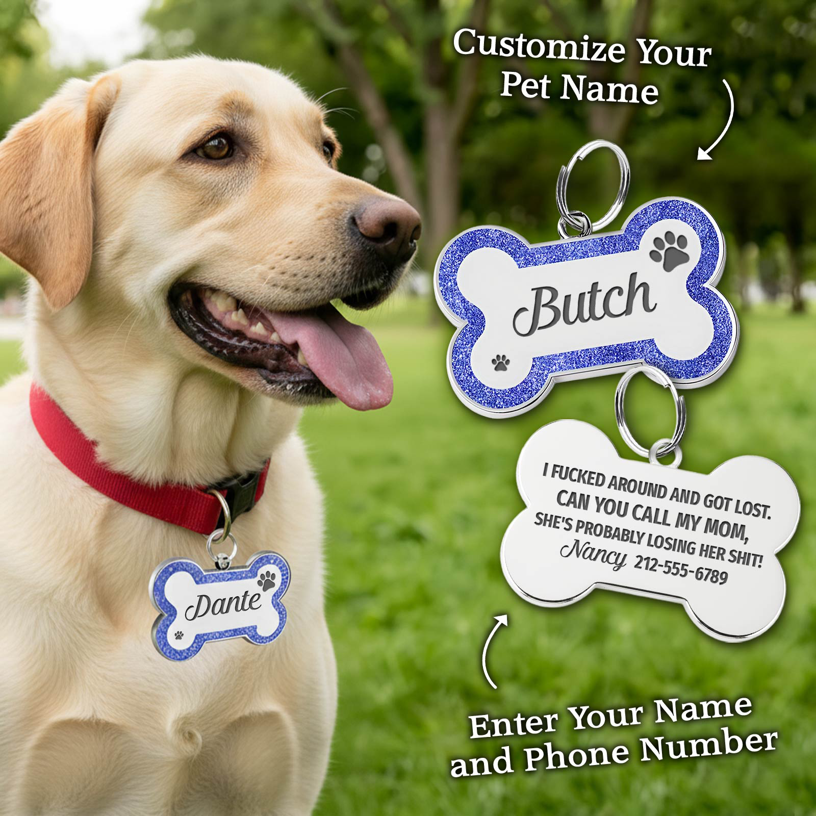 Personalized dog ID tag in bone shape with customizable name and contact information for pet safety