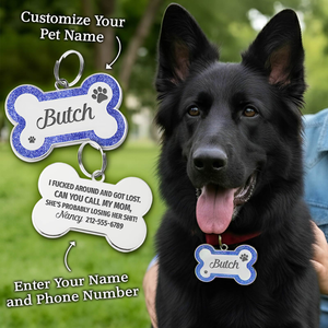 Personalized dog ID tag in bone shape with custom name and contact details for pet safety
