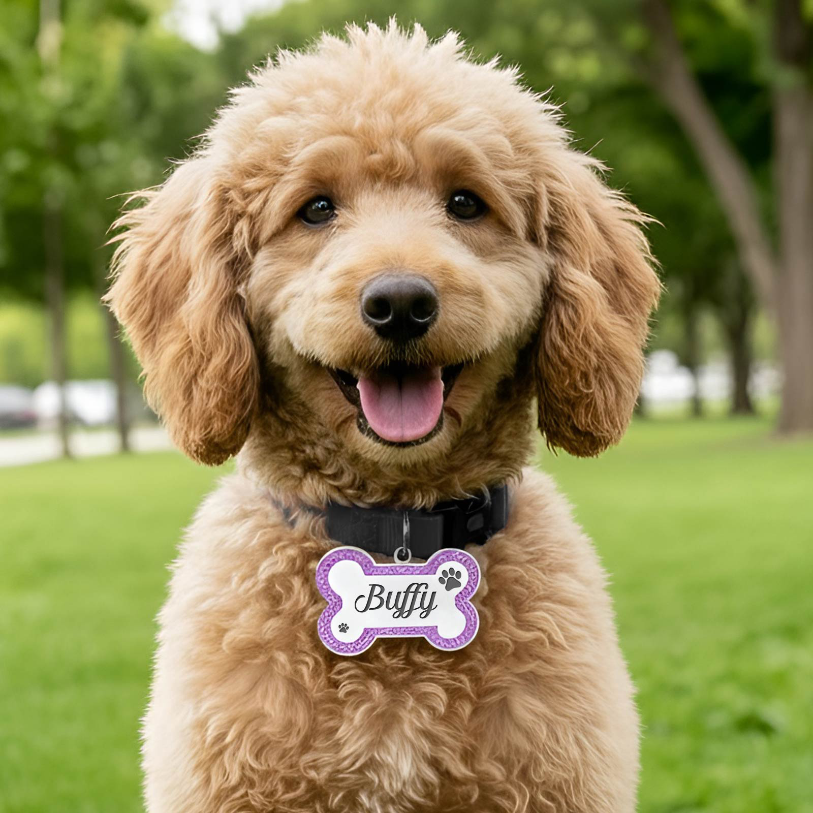 Personalized dog ID tag in purple for a fluffy dog named Buffy, perfect for pet identification