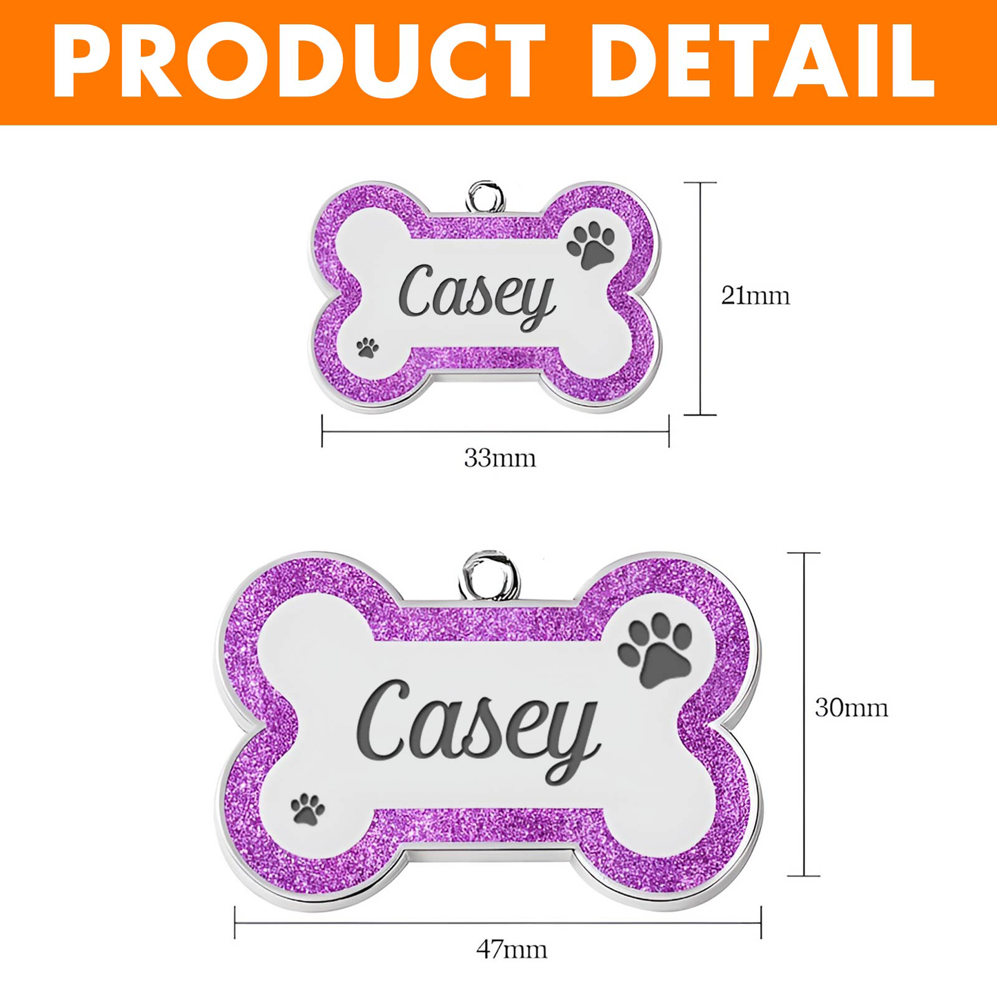 Personalized dog ID tag in bone shape with purple glitter and custom name for pet identification