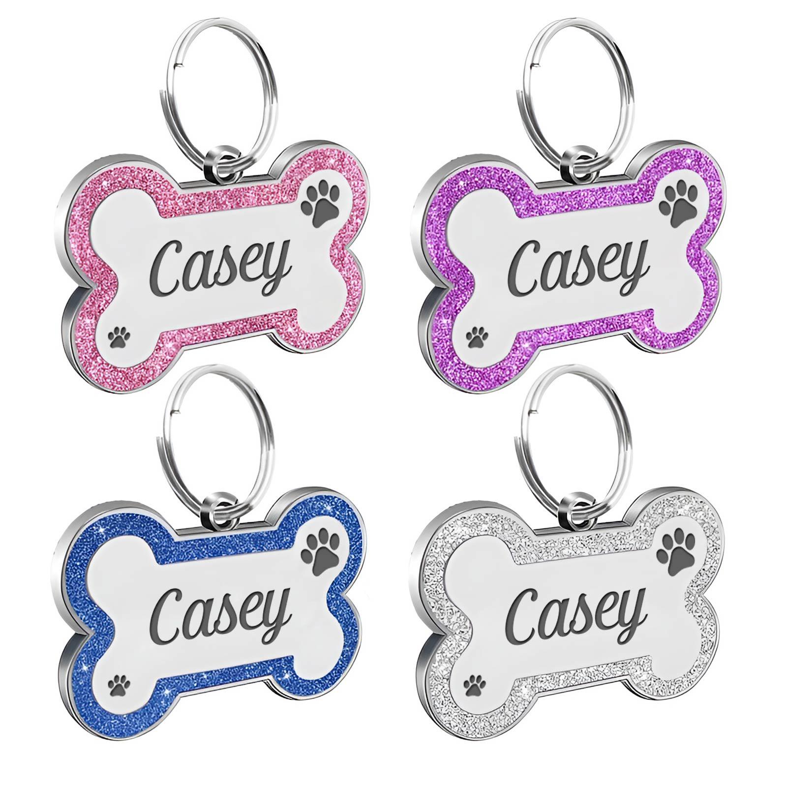 Personalized dog ID tag in pink, purple, blue, and silver with custom name option for pets