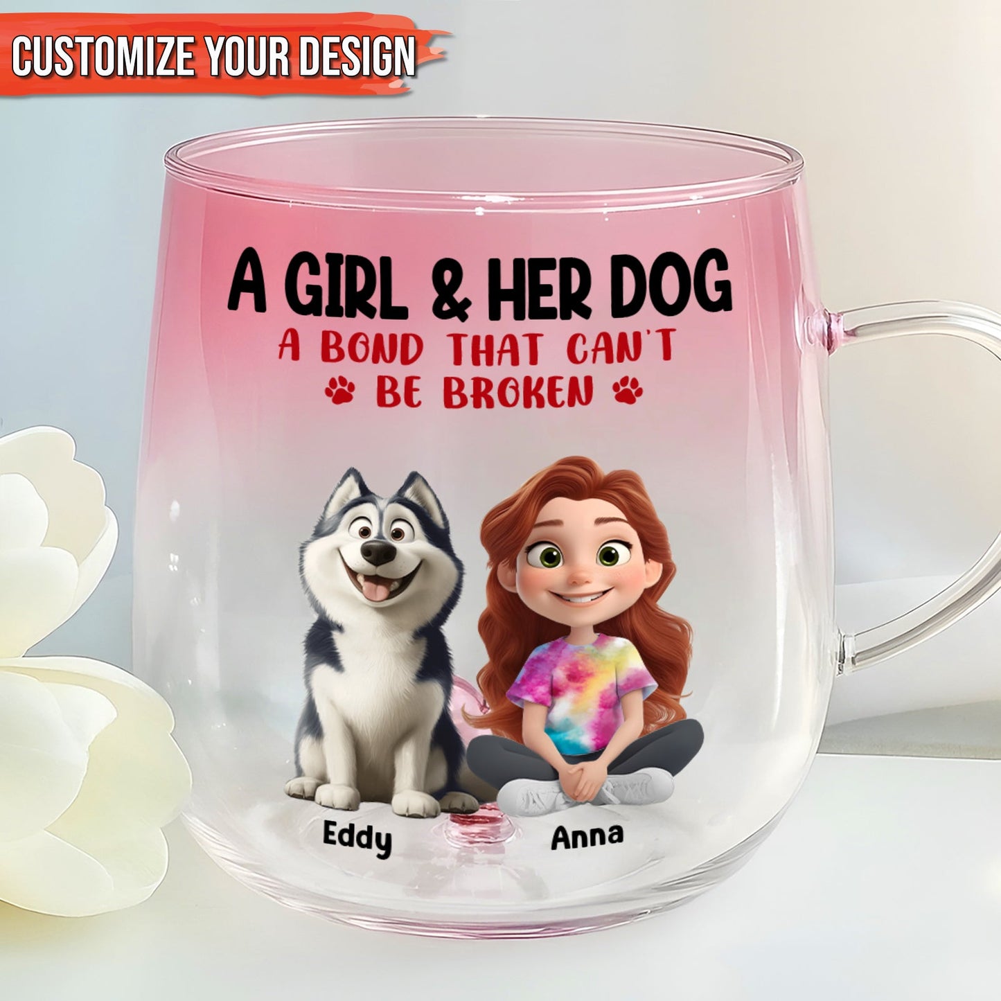 Personalized dog lover glass mug with a girl and her dog design, featuring the text A Girl & Her Dog