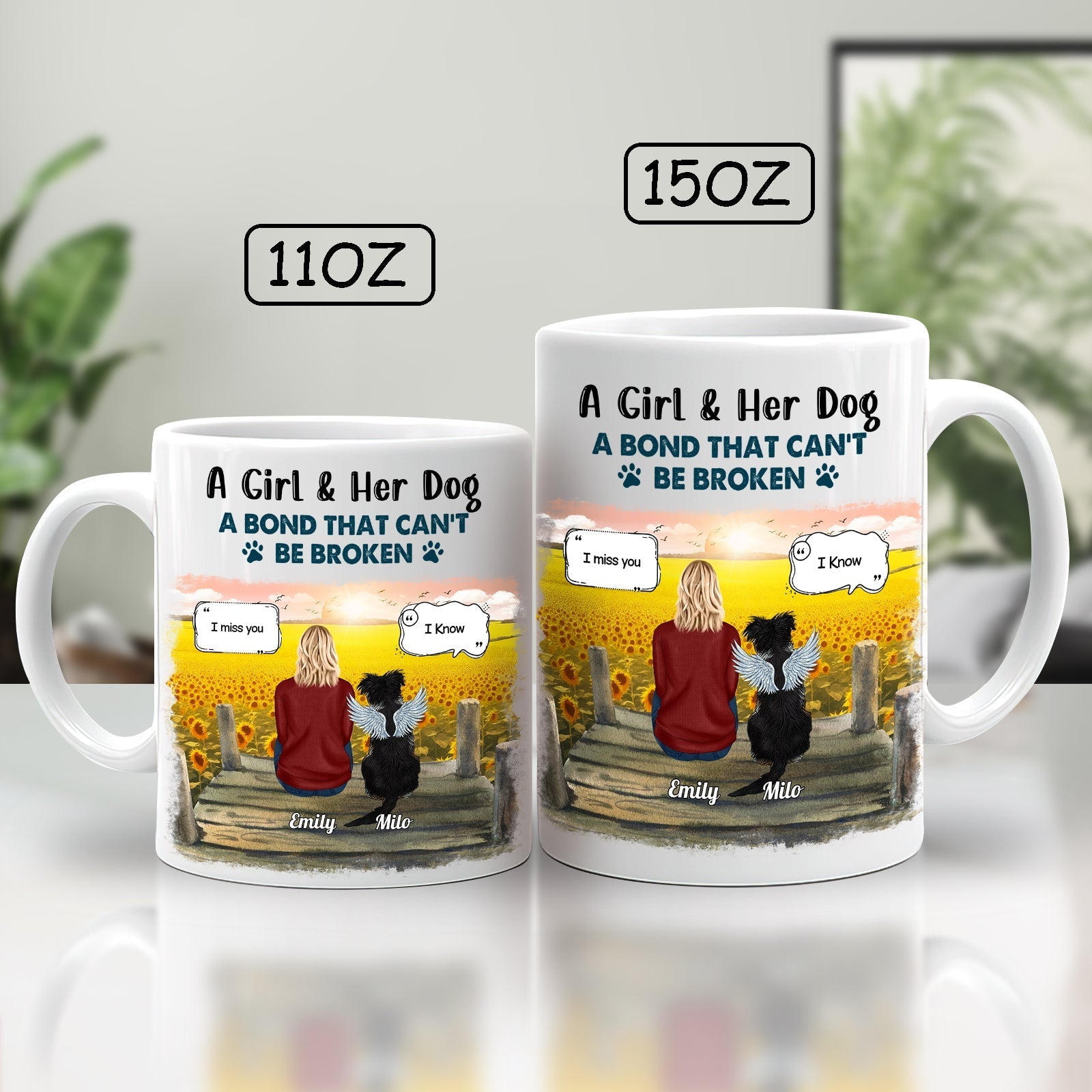 Personalized dog lover mug with a heartfelt design featuring a girl and her dog in a natural setting