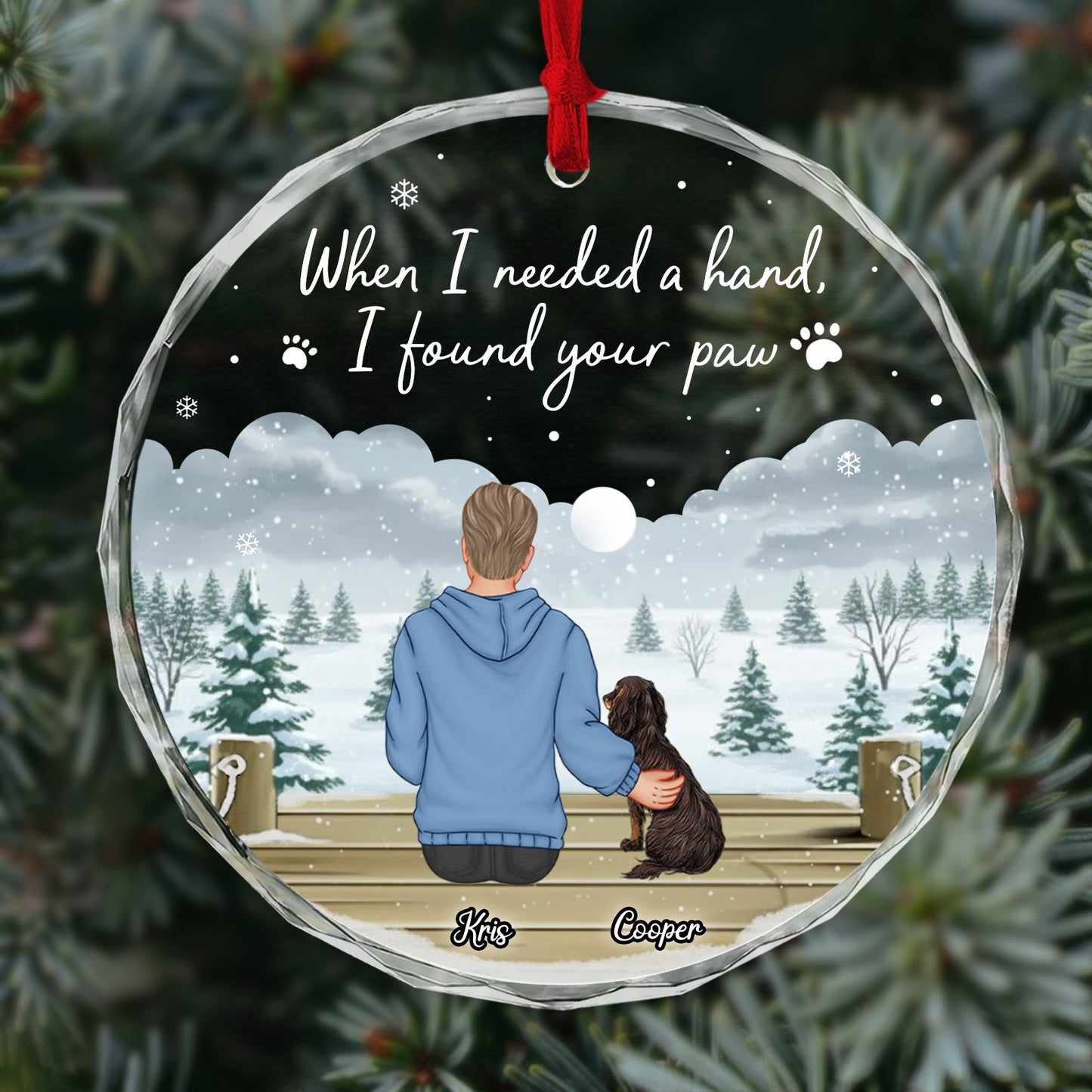 Personalized dog lover ornament featuring a heartfelt design with a person and dog in a snowy scene