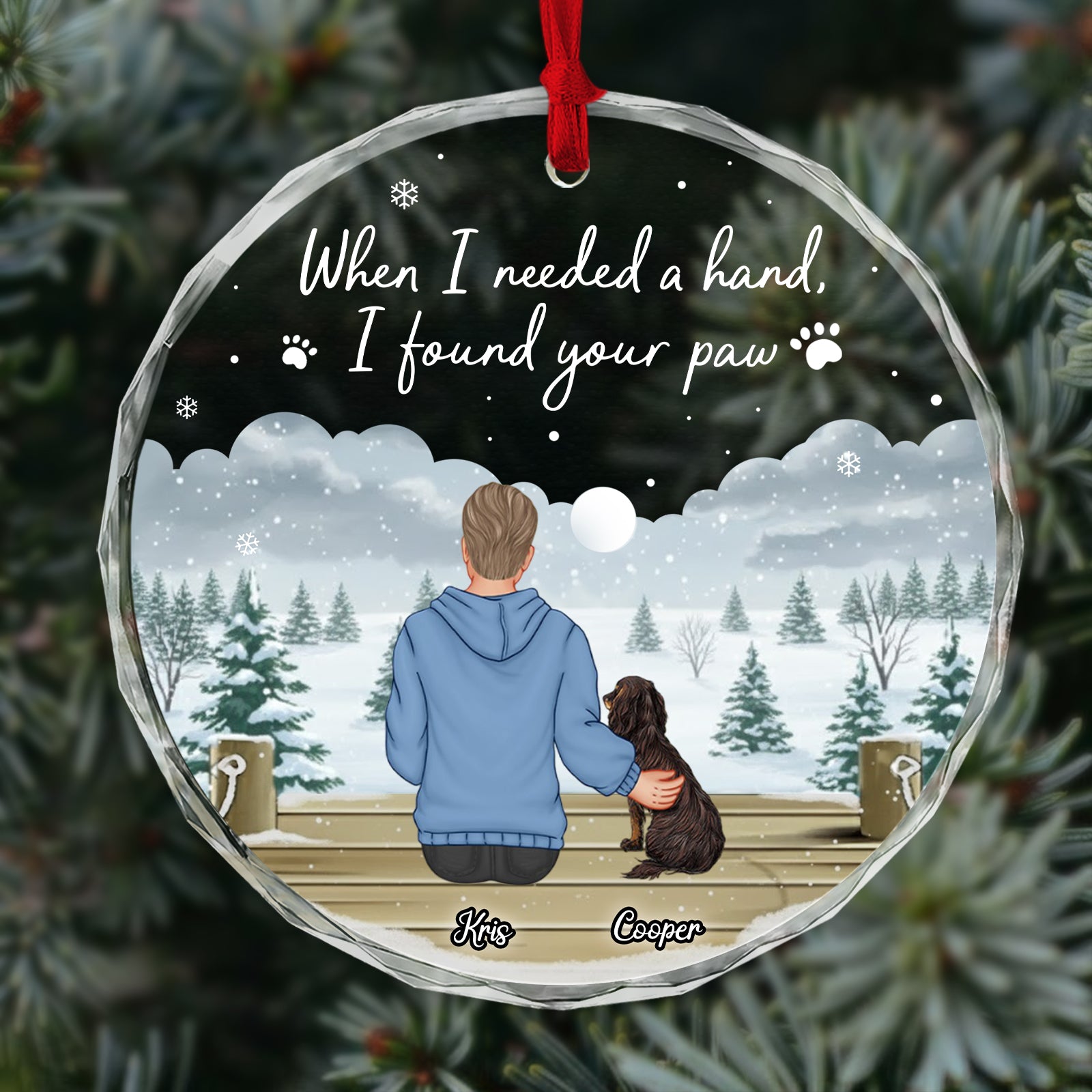 Personalized dog lover ornament featuring a heartfelt design with a person and dog in a snowy scene
