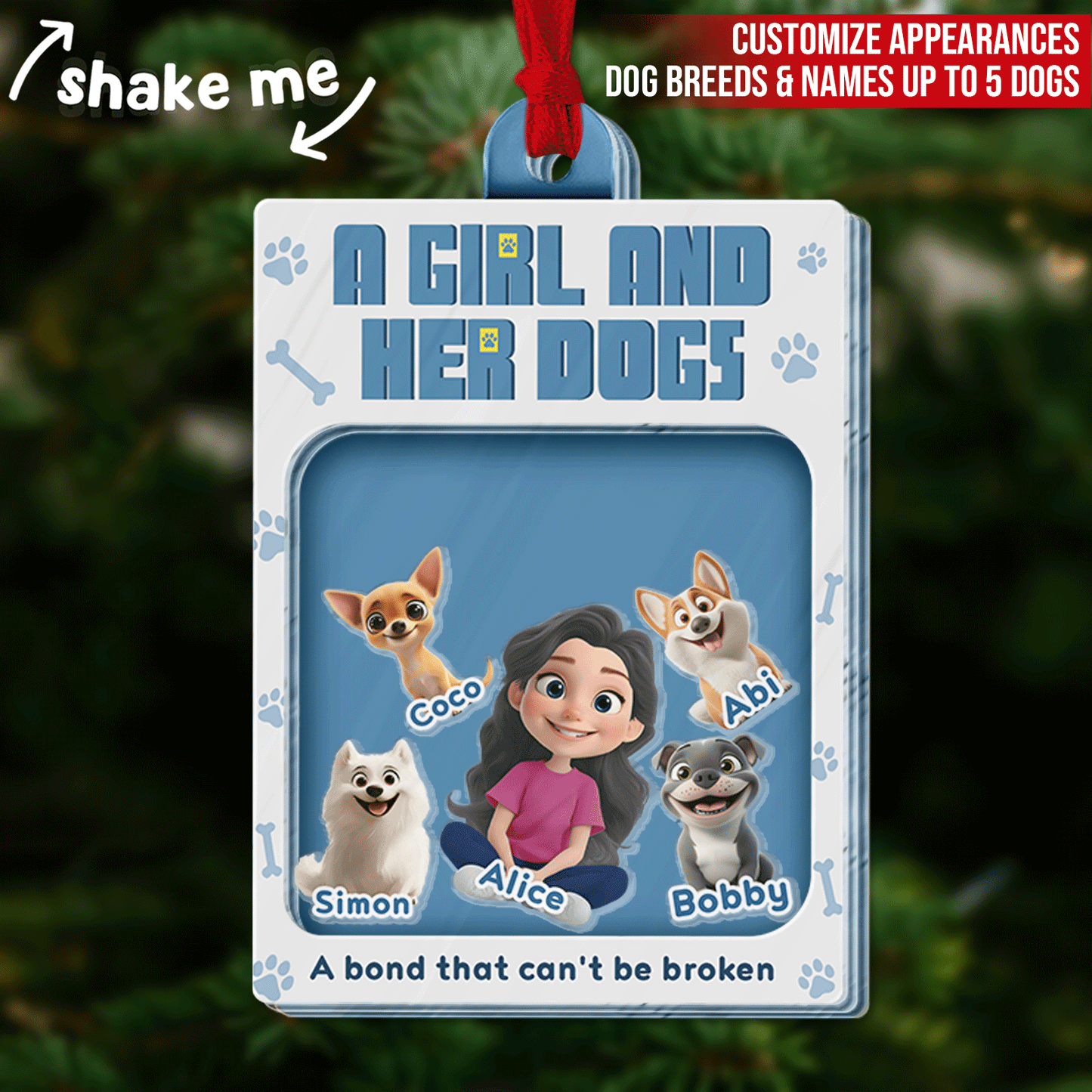 Personalized dog lover ornament featuring a girl with her dogs, customizable for up to 5 dog breeds