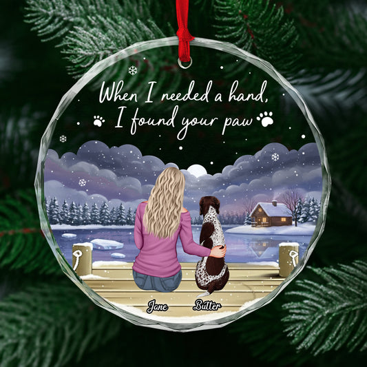 Personalized dog lover ornament featuring a woman and dog by a snowy lake with a heartfelt quote