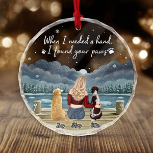 Personalized dog lover ornament featuring a woman with two dogs and a heartfelt message