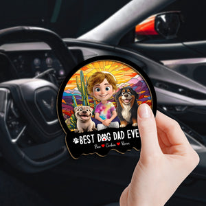 Personalized dog mom car visor clip featuring a cute design with a child and two dogs