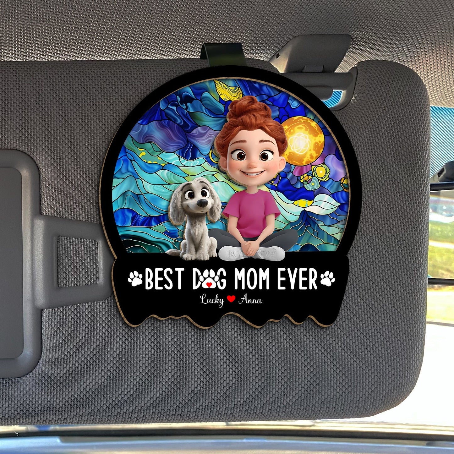 Personalized dog mom car visor clip featuring a girl and dog with the text Best Dog Mom Ever