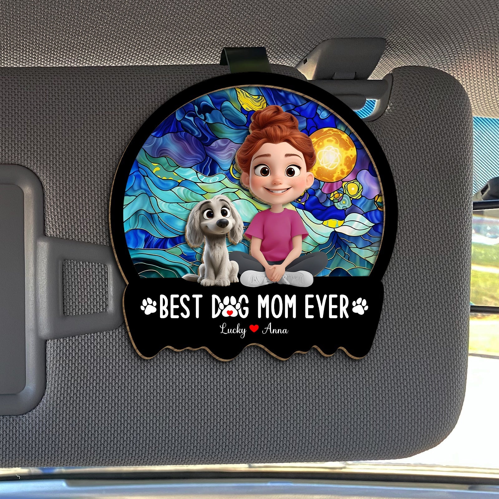 Personalized dog mom car visor clip featuring a girl and dog with the text Best Dog Mom Ever