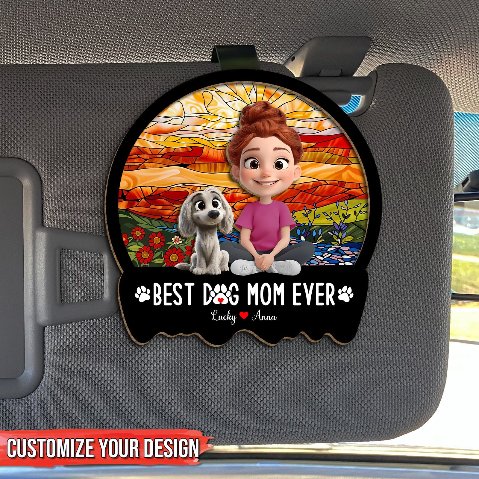 Personalized dog mom car visor clip featuring a girl and her dog with a colorful background