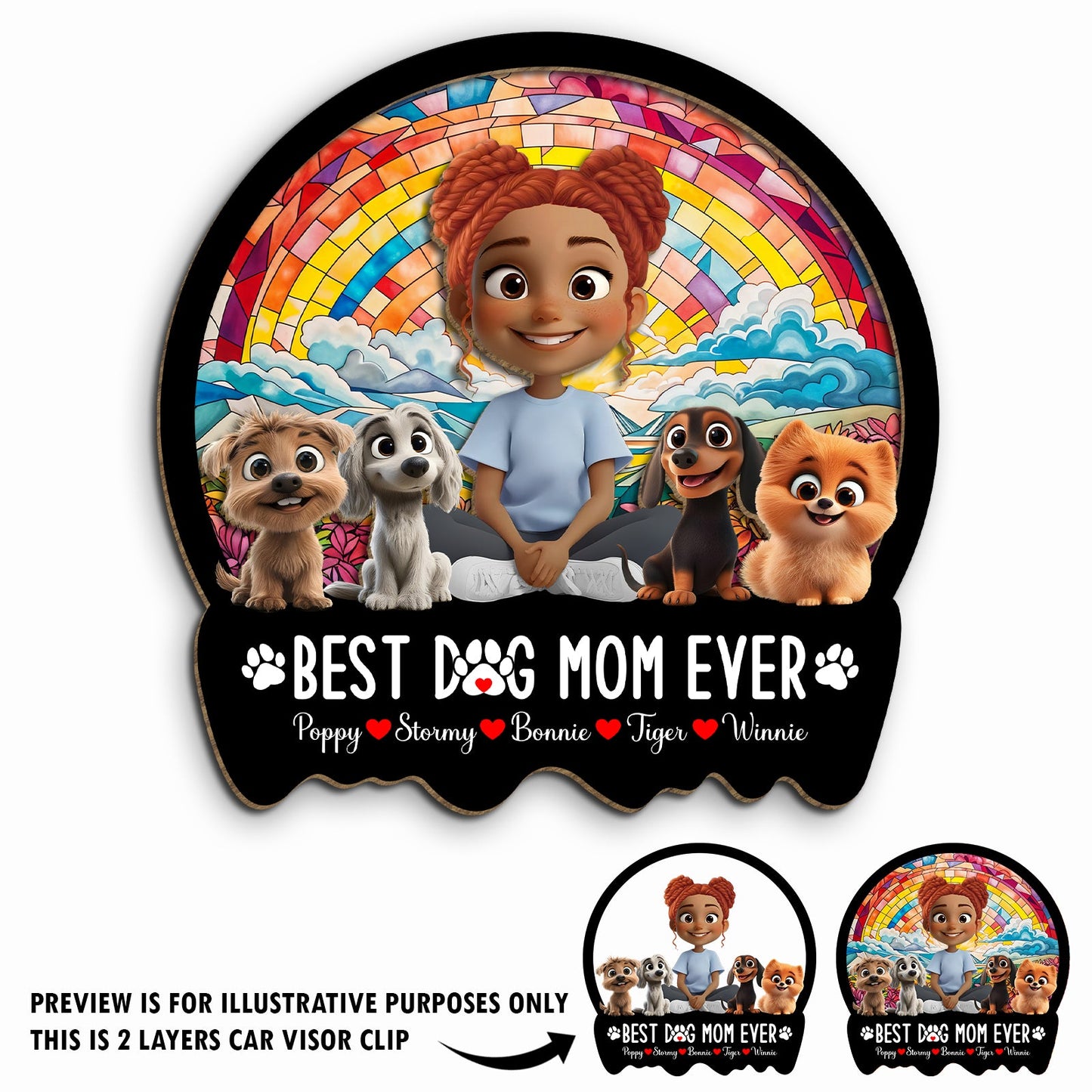 Personalized dog mom car visor clip featuring a colorful design with dogs and a smiling woman