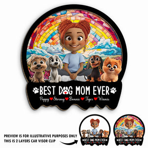 Personalized dog mom car visor clip featuring a colorful design with dogs and a smiling woman