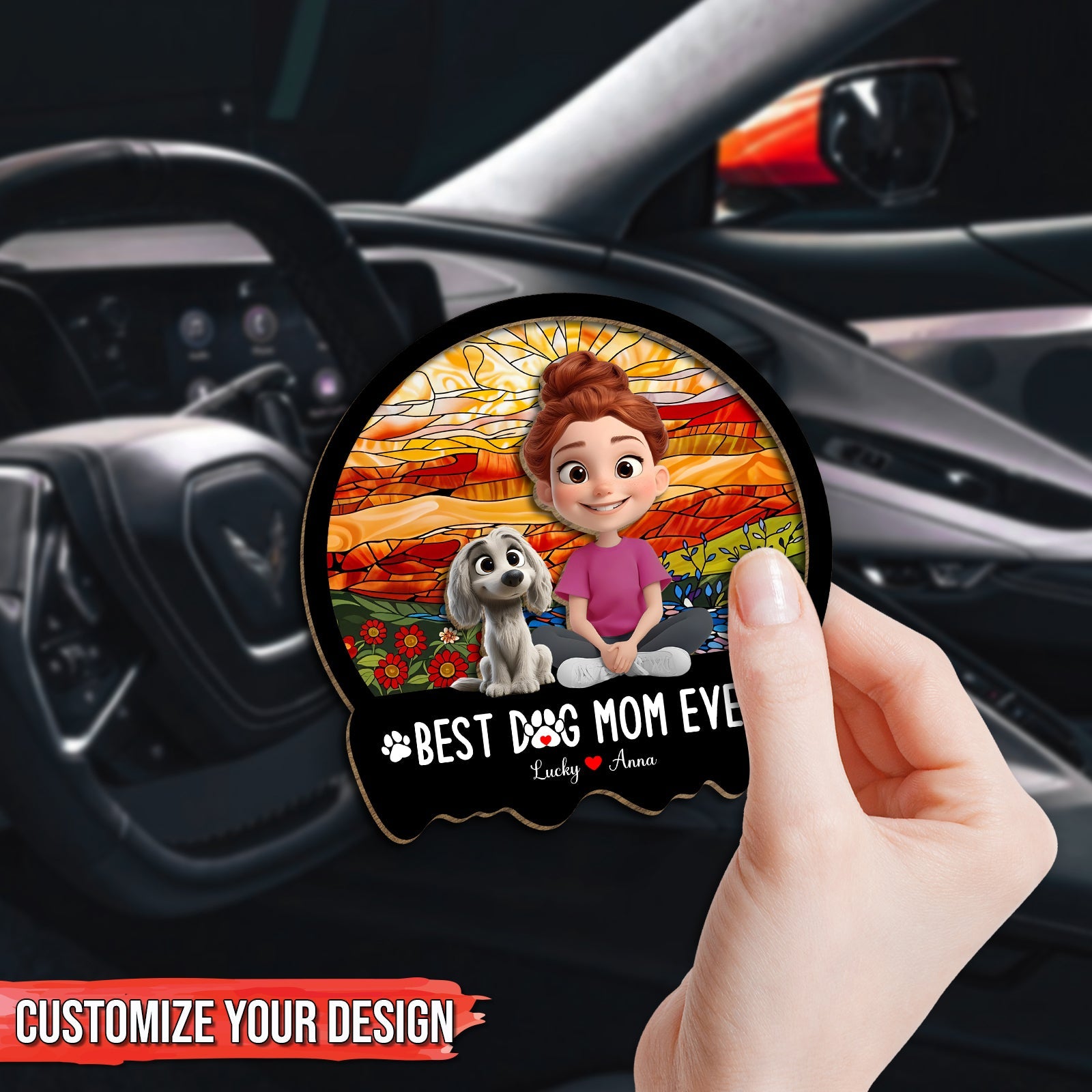 Personalized dog mom car visor clip featuring a girl and dog in a colorful design for dog lovers