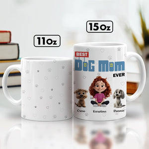 Personalized dog mom mug featuring animated characters with dog names available in 11oz and 15oz sizes