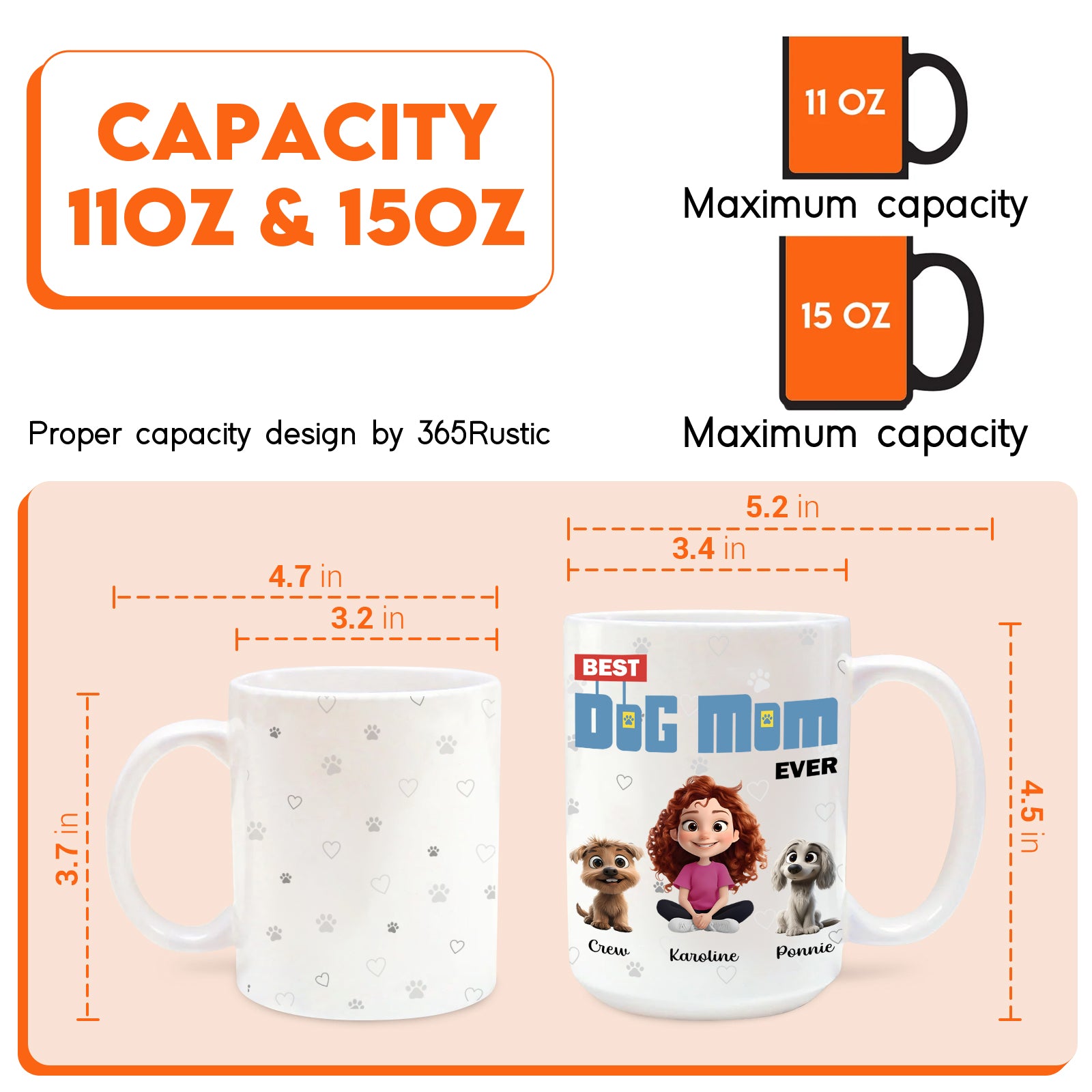 Personalized dog mom mug with custom names and dog graphics, available in 11oz and 15oz sizes