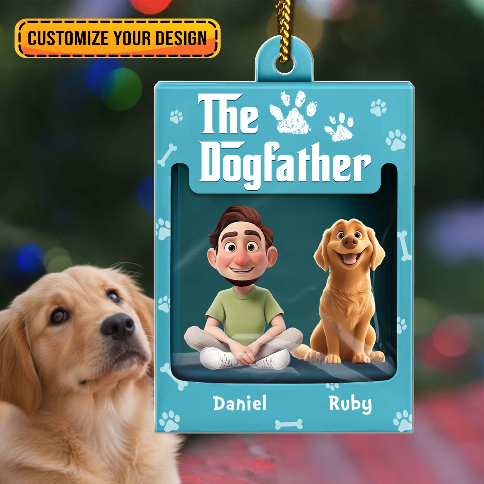 Personalized dog ornament featuring a custom design with a character and a golden retriever dog