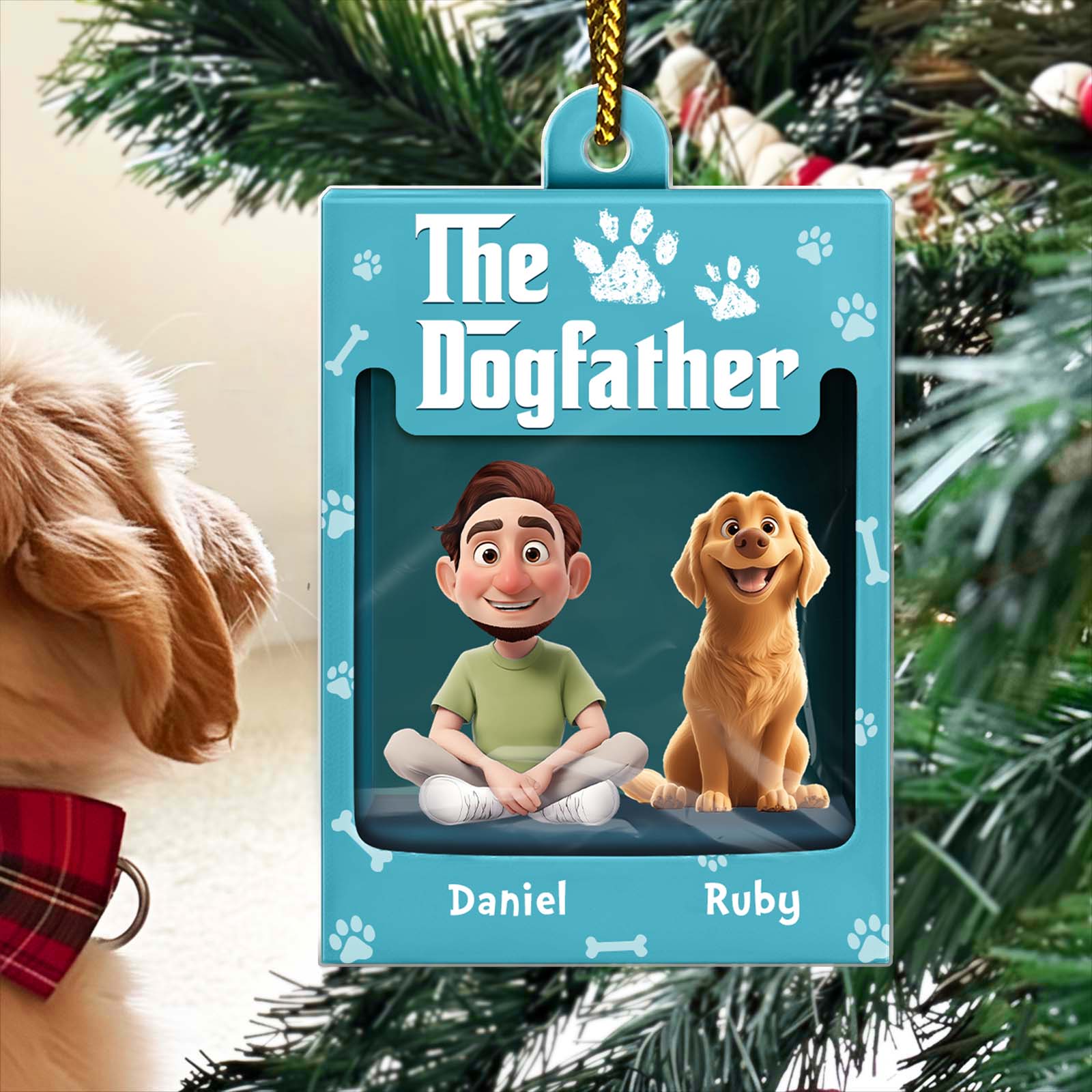 Personalized dog ornament featuring a child and golden retriever with custom name tags for pet lovers