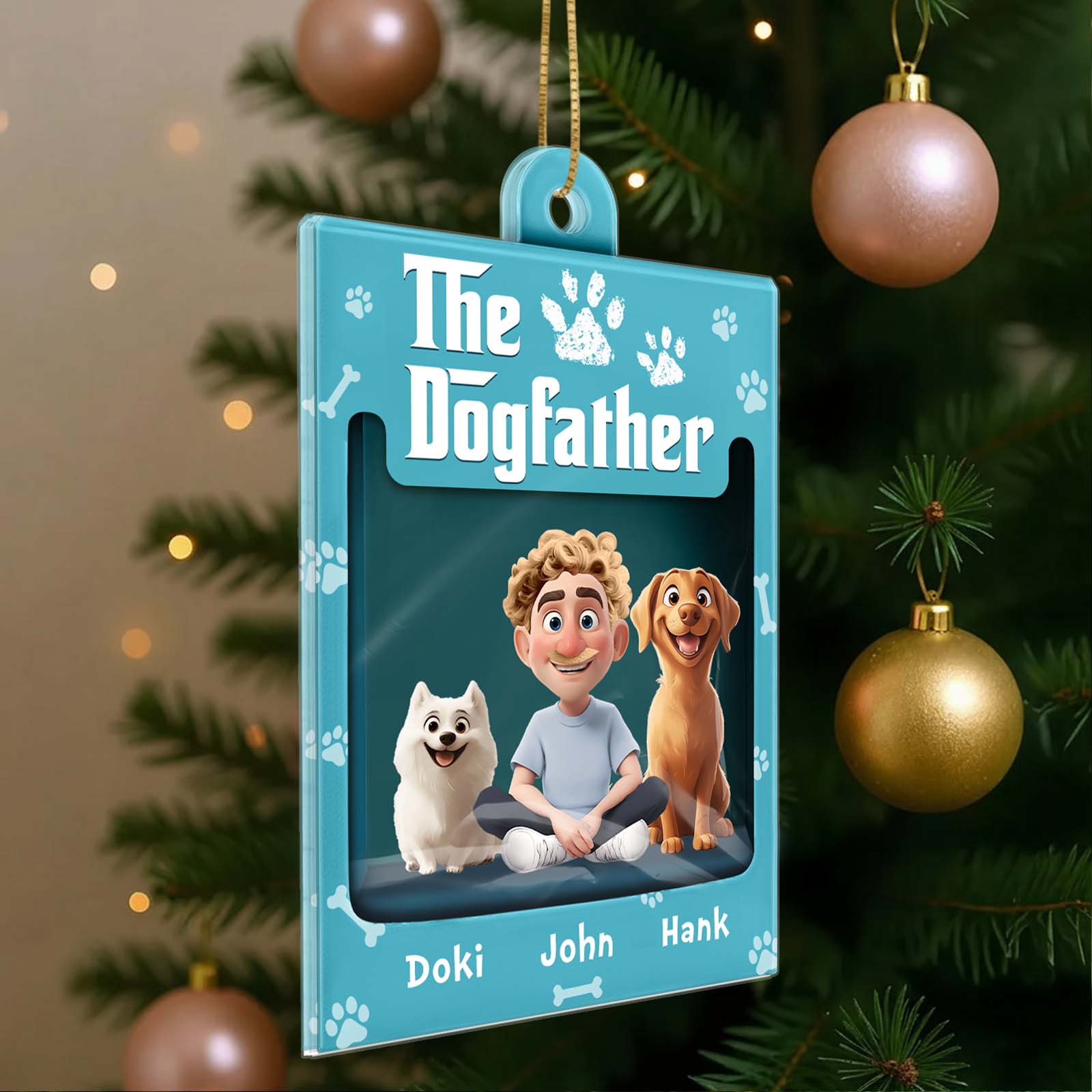 Personalized dog ornament featuring a cartoon character with two dogs and customizable names