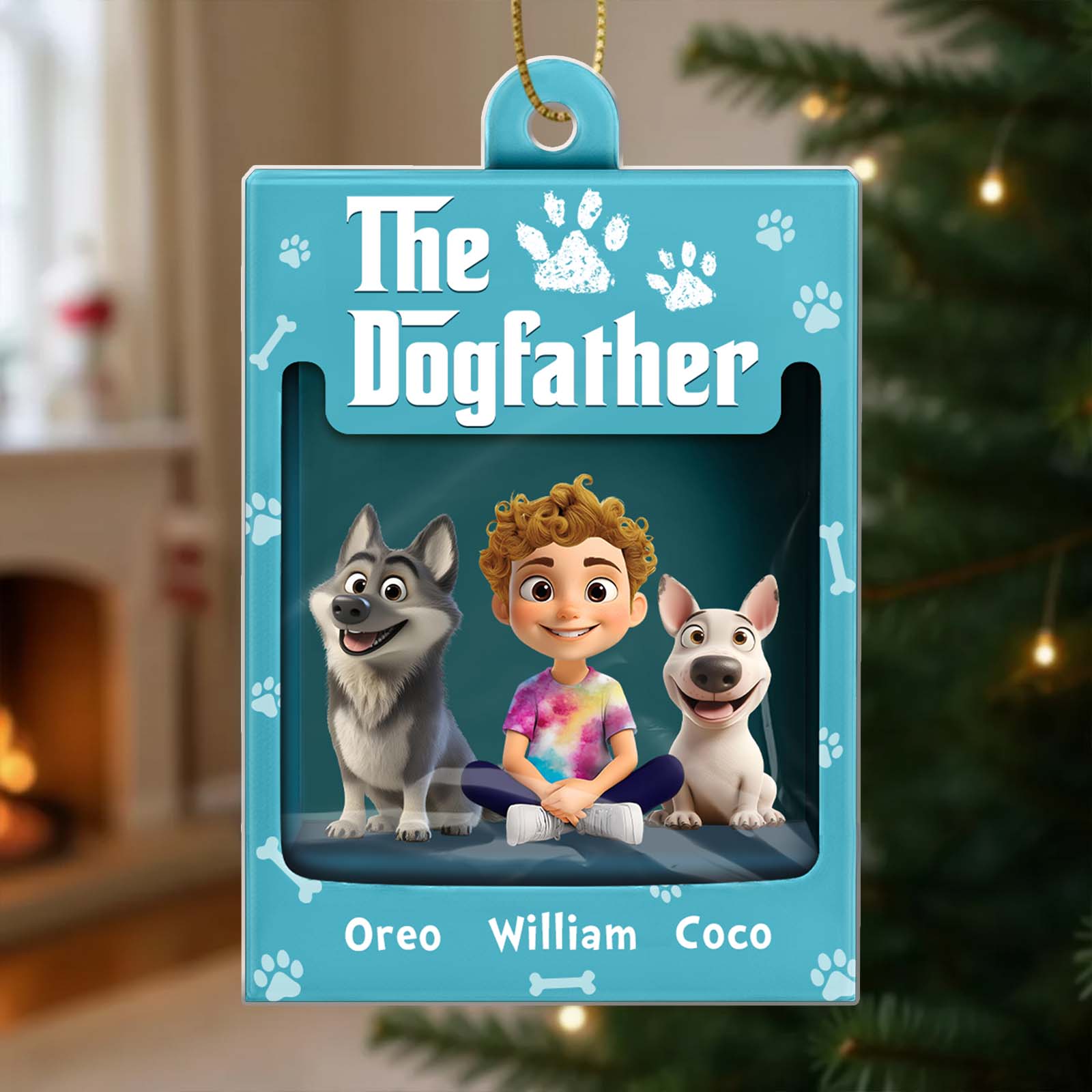Personalized dog ornament featuring a child with two dogs, named Oreo and Coco, celebrating pet love