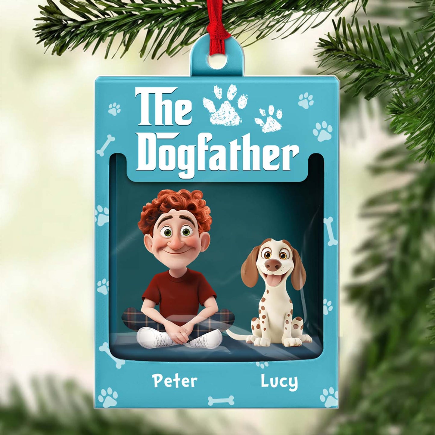 Personalized dog ornament featuring a playful boy and his dog, perfect for dog lovers