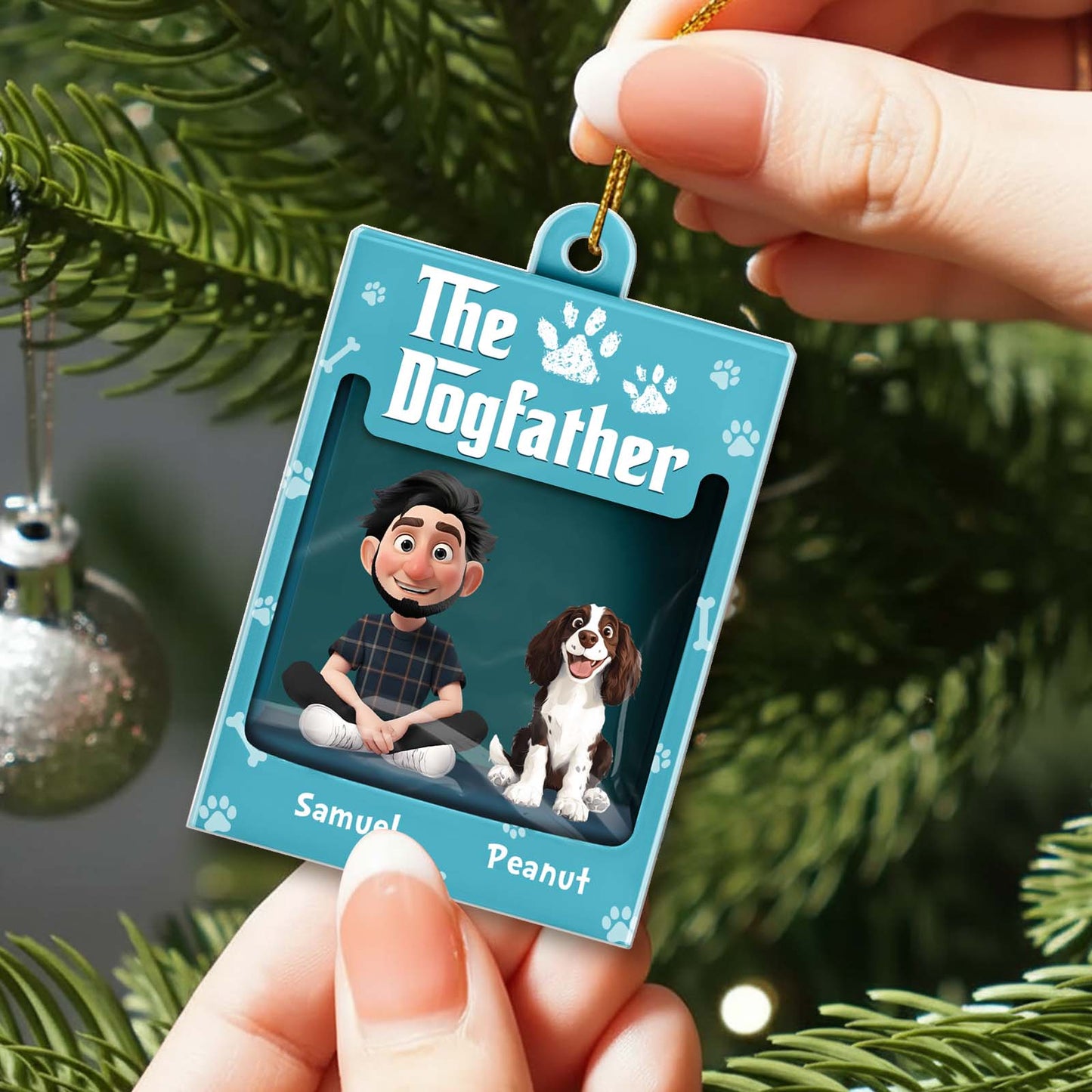 Personalized dog ornament featuring a cartoon of a dog and owner with the text The Dogfather