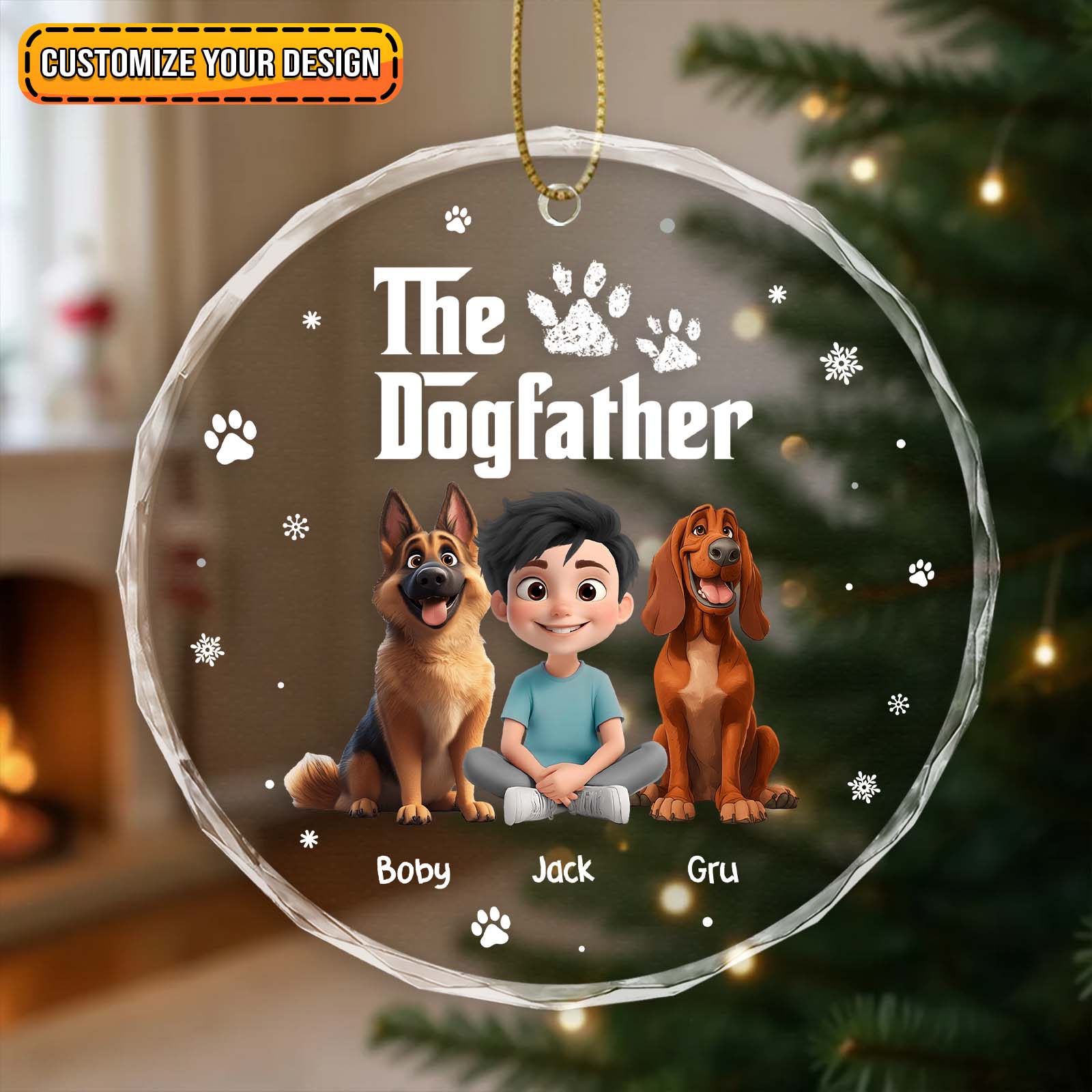 Personalized dog ornament featuring a boy with two dogs in a festive design
