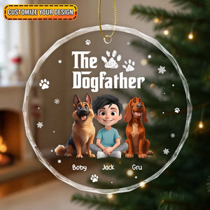 Personalized dog ornament featuring a boy with two dogs in a festive design