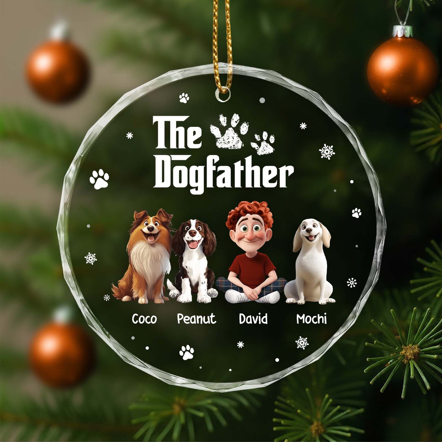 Personalized dog ornament featuring three cartoon dogs and the name 'The Dogfather' with decorative snowflakes
