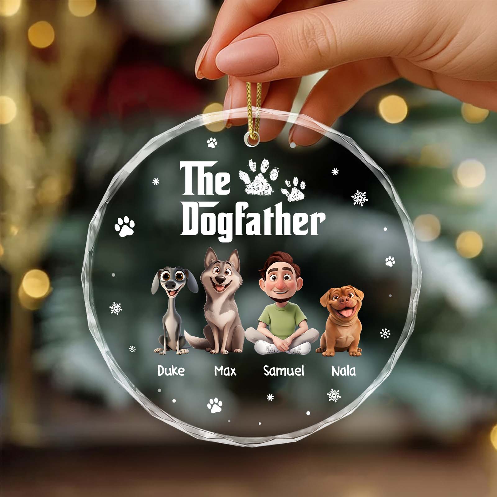 Personalized dog ornament featuring cartoon dogs and The Dogfather text for pet lovers