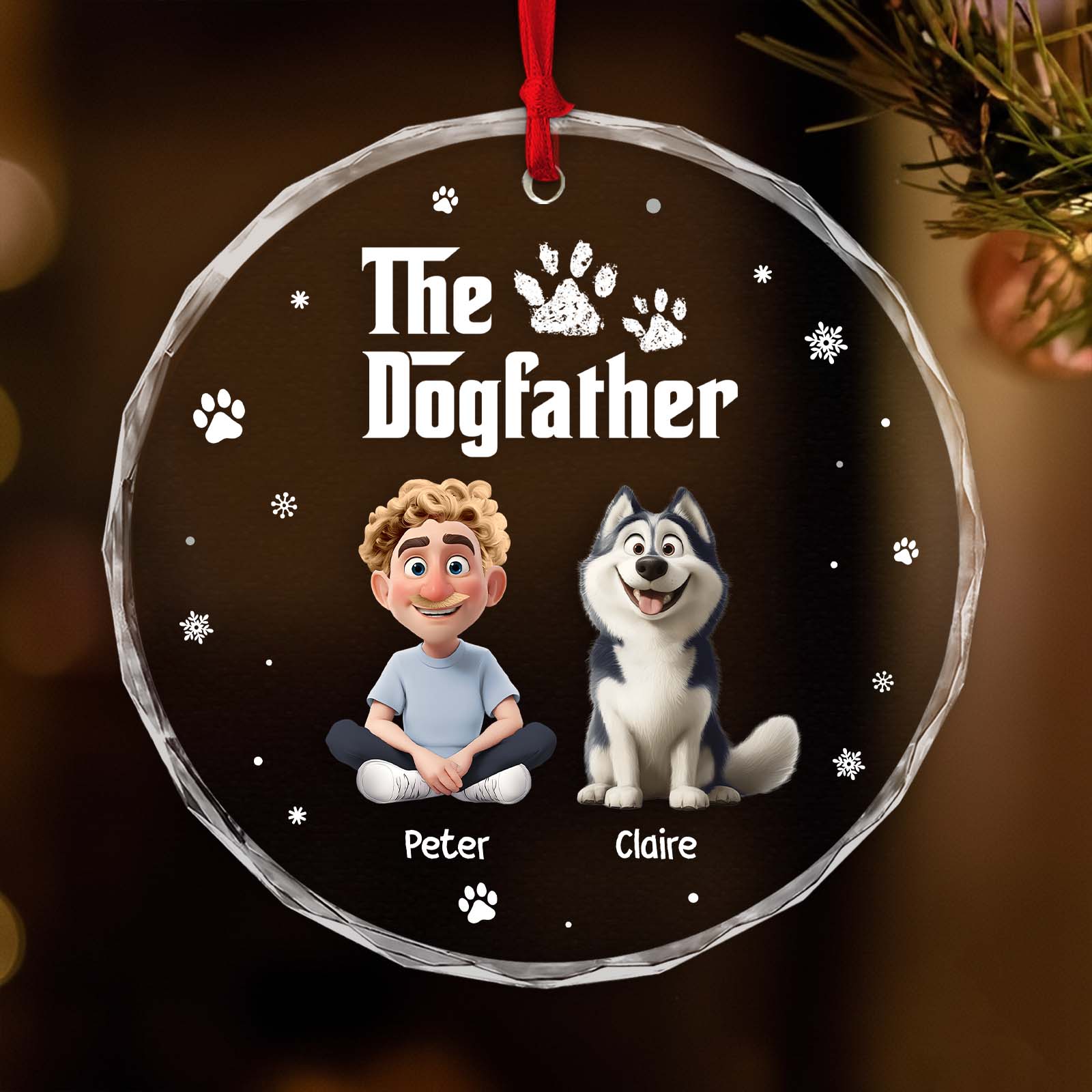 Personalized dog ornament featuring a cartoon boy and husky with the text The Dogfather