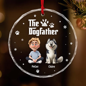 Personalized dog ornament featuring a cartoon boy and husky with the text The Dogfather